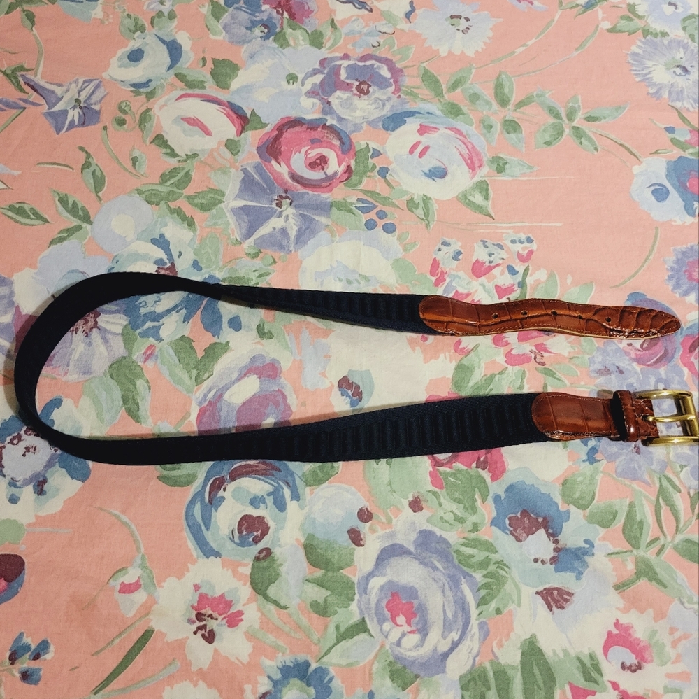 Vintage leather and fabric navy blue belt with brass hardware